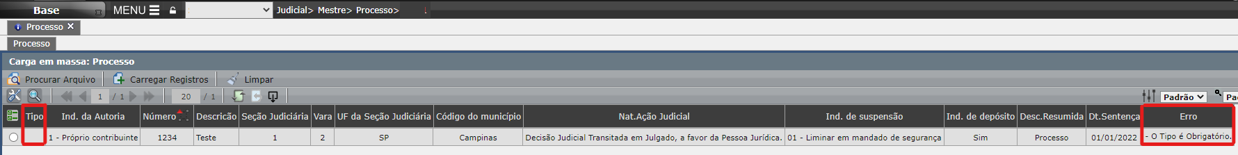 Validação da carga em massa de cadastro do processo judicial
