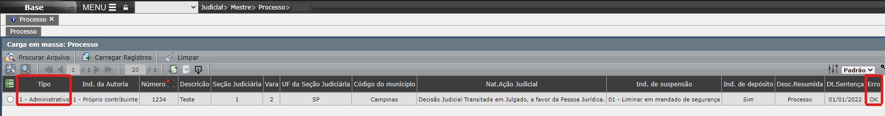 Validação da carga em massa de cadastro do processo judicial
2