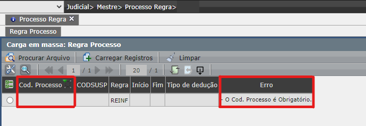Validação da carga em massa do cadastro do processo regra