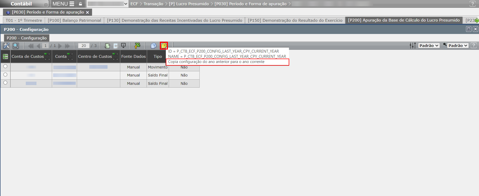 REPLICAR REGISTRO P200 - APURAÇÃO DA BASE DE CÁLCULO DO LUCRO PRESUMIDO