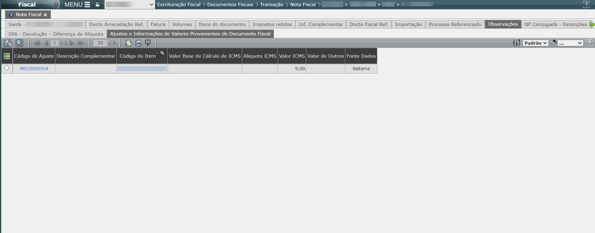 Exemplo gerado para o código MG10000504: o ajuste será gerado referente ao valor do diferencial de alíquota recolhido.