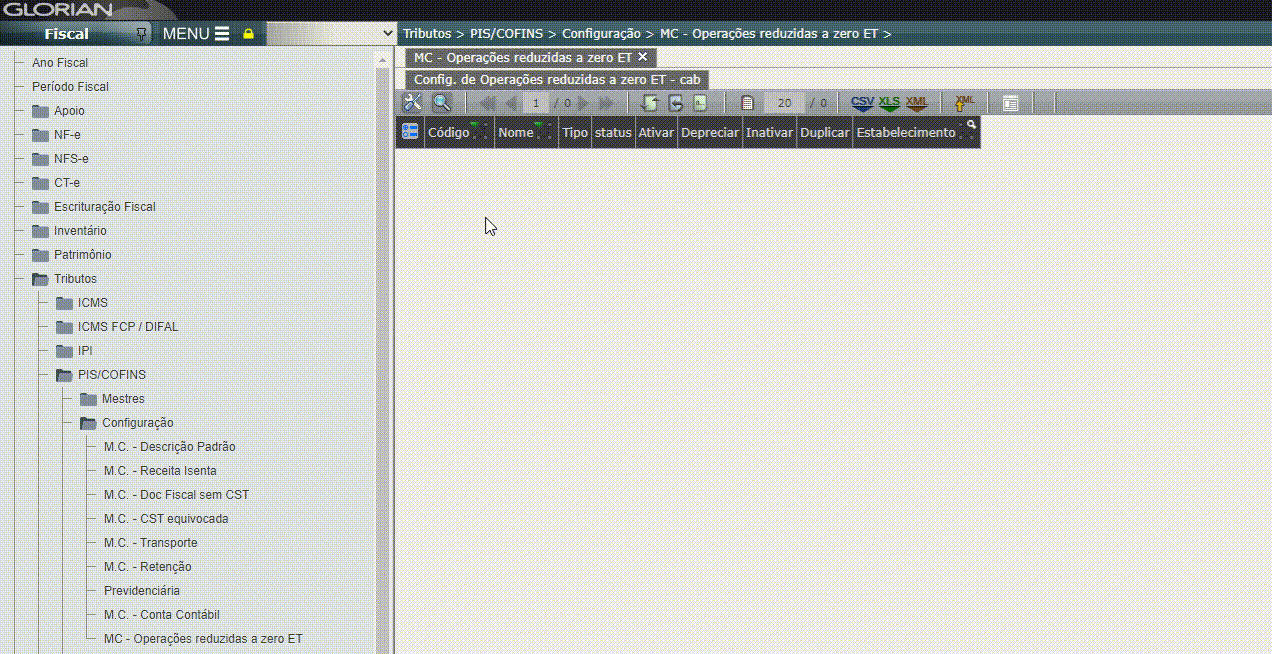 Matriz de configuração - Operações reduzidas a zero ET