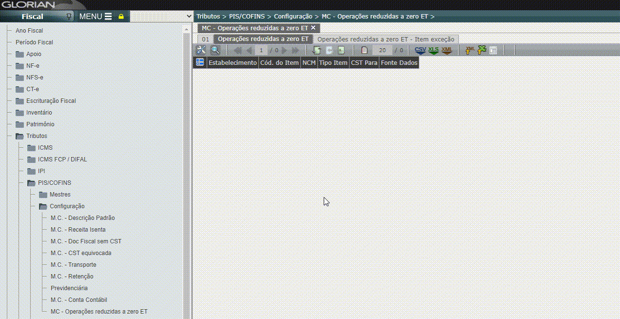 Matriz de configuração - Operações reduzidas a zero ET