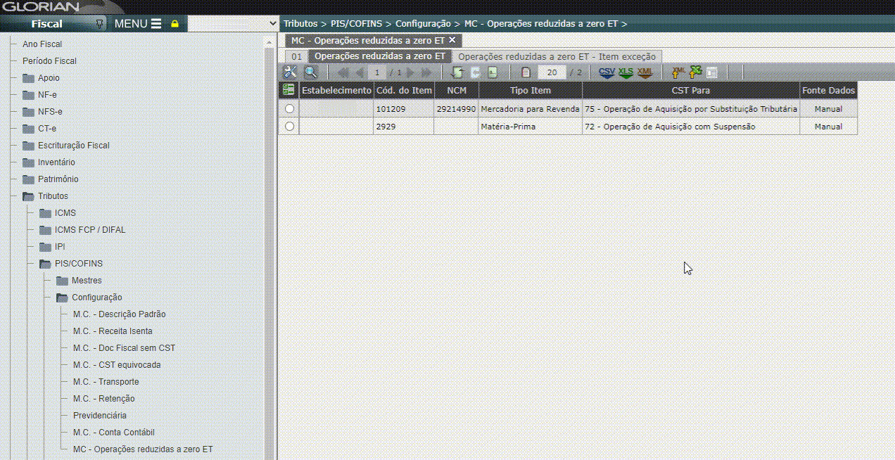 Matriz de configuração - Operações reduzidas a zero ET