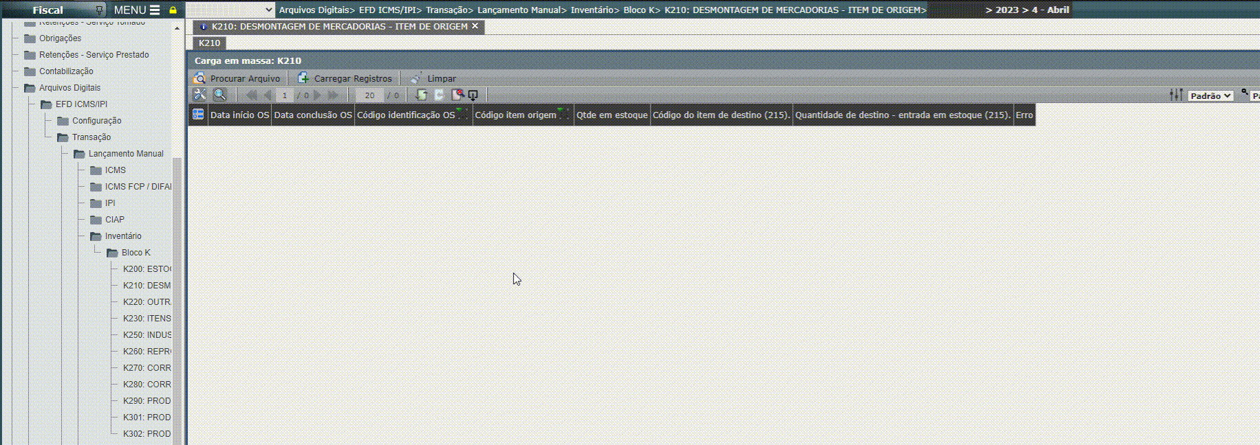 EFD ICMS/IPI - Lançamento do registro K210/K215 em massa
