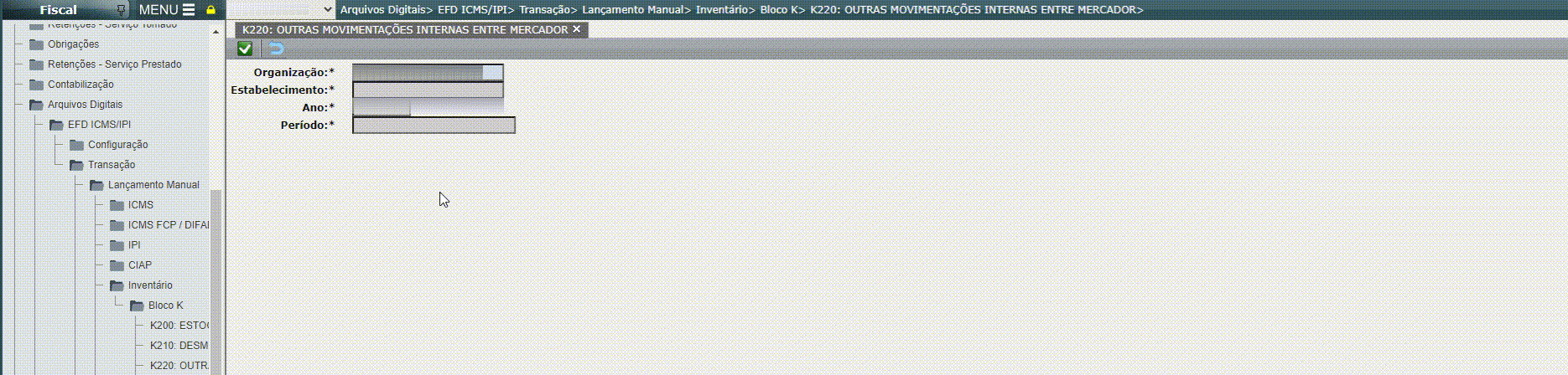 EFD ICMS/IPI - Lançamento do registro K220
