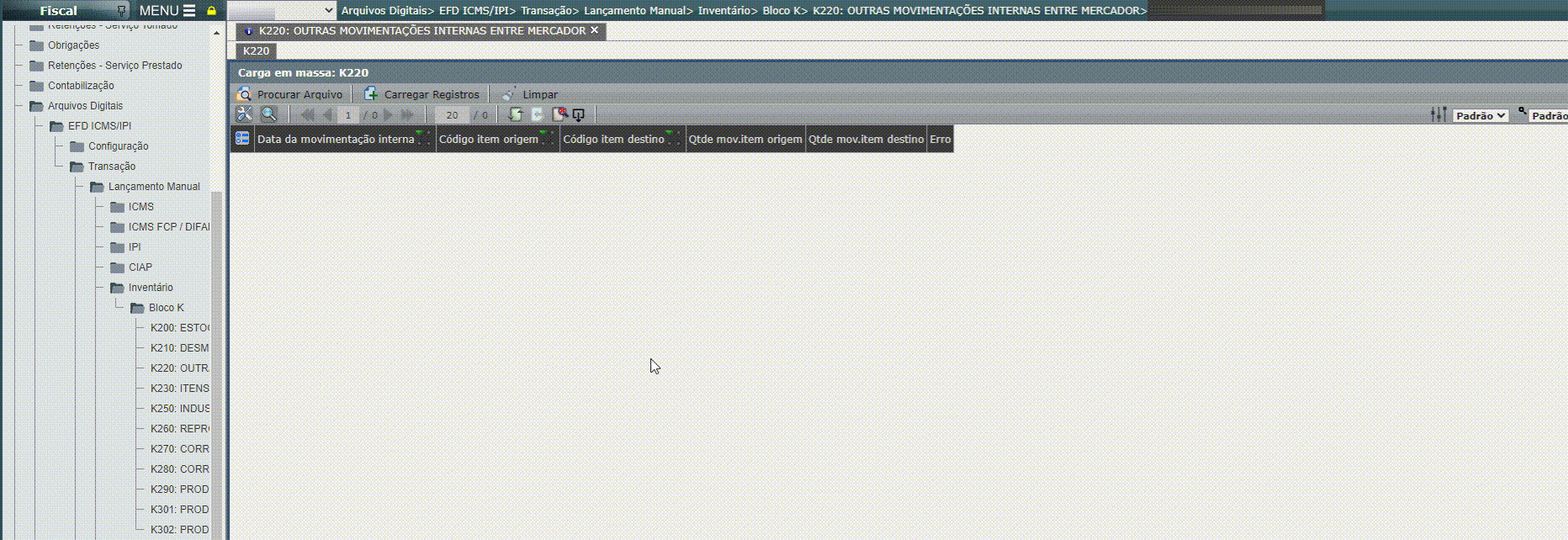 EFD ICMS/IPI - Lançamento do registro K220 em massa