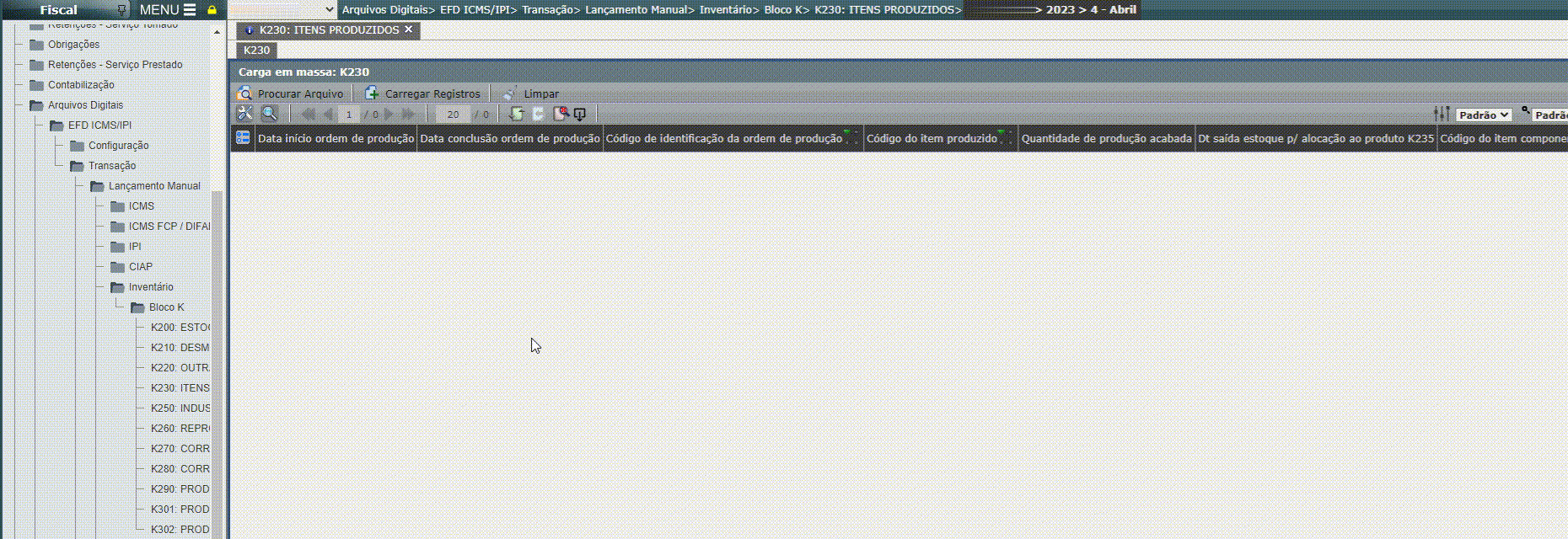 EFD ICMS/IPI - Lançamento do registro K230/K235 em massa
