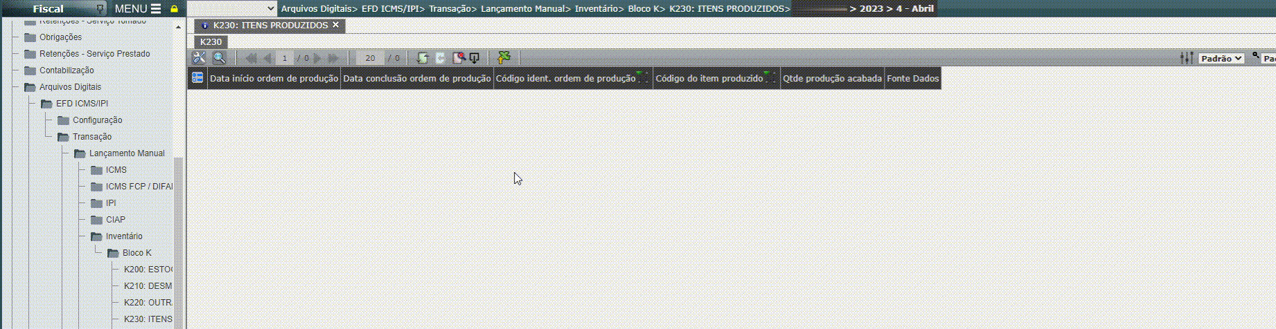 EFD ICMS/IPI - Lançamento do registro K230/K235 em massa