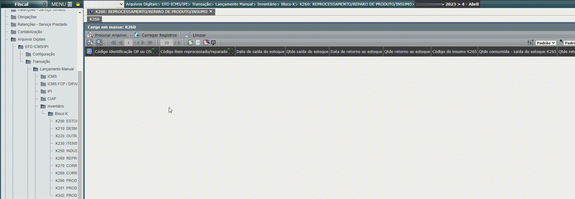 EFD ICMS/IPI - Lançamento do registro K260/K265 em massa