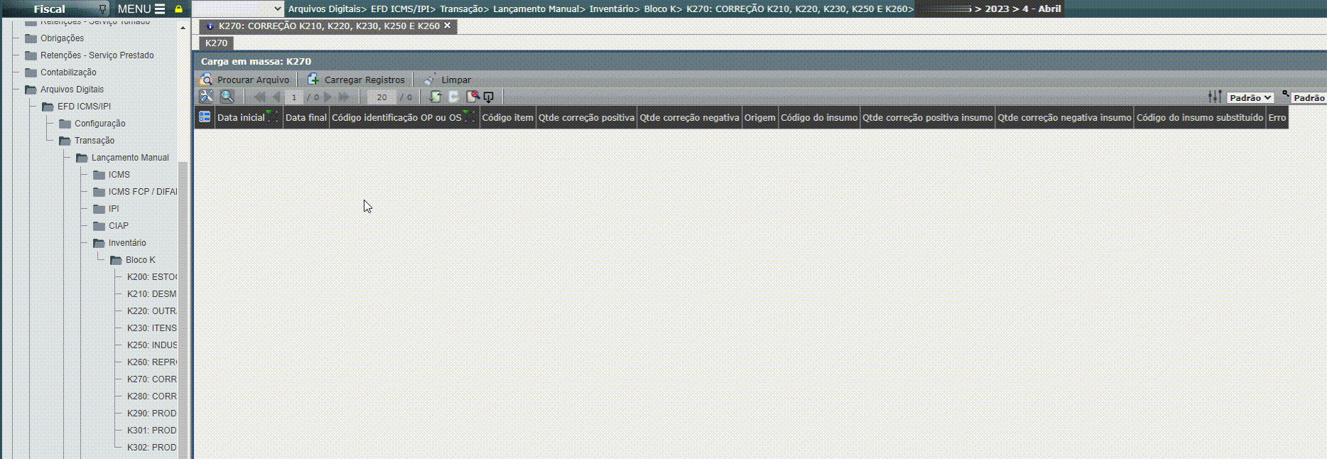 EFD ICMS/IPI - Lançamento do registro K270/K275 em massa