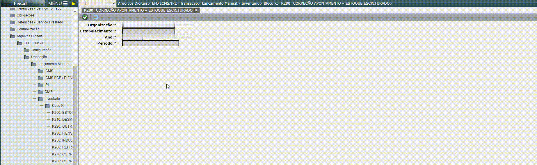 EFD ICMS/IPI - Lançamento do registro K280