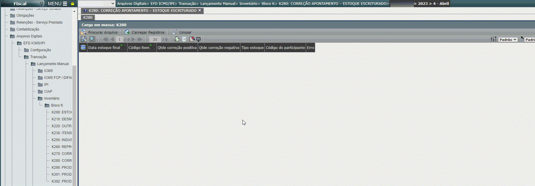 EFD ICMS/IPI - Lançamento do registro K280 em massa