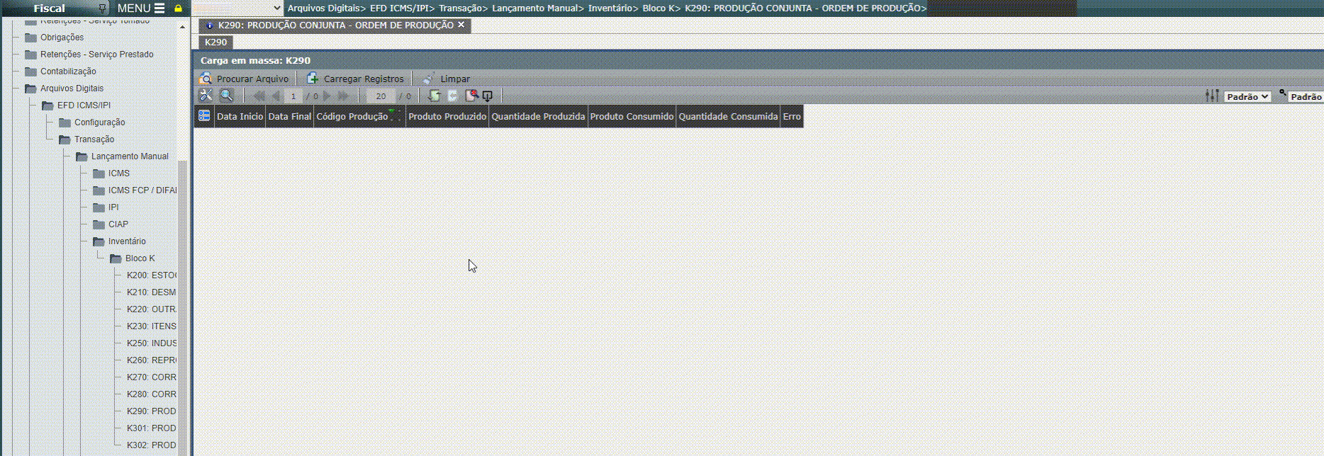 EFD ICMS/IPI - Lançamento do registro K290/K291/K292 em massa