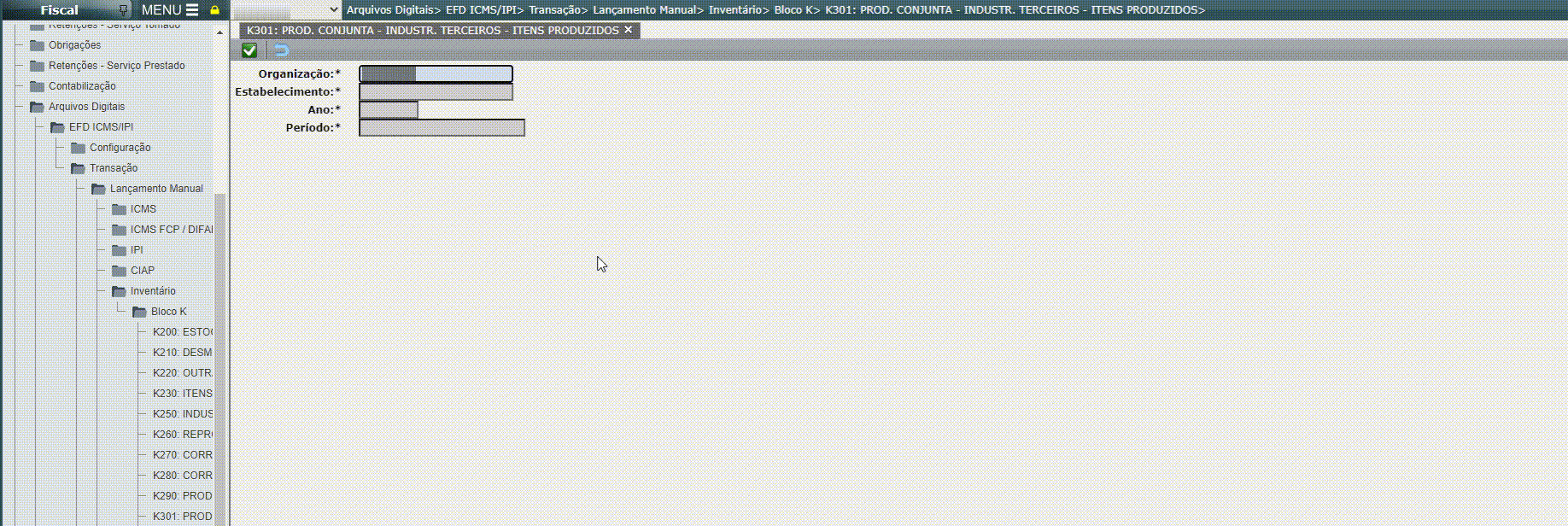 EFD ICMS/IPI - Lançamento do registro K301