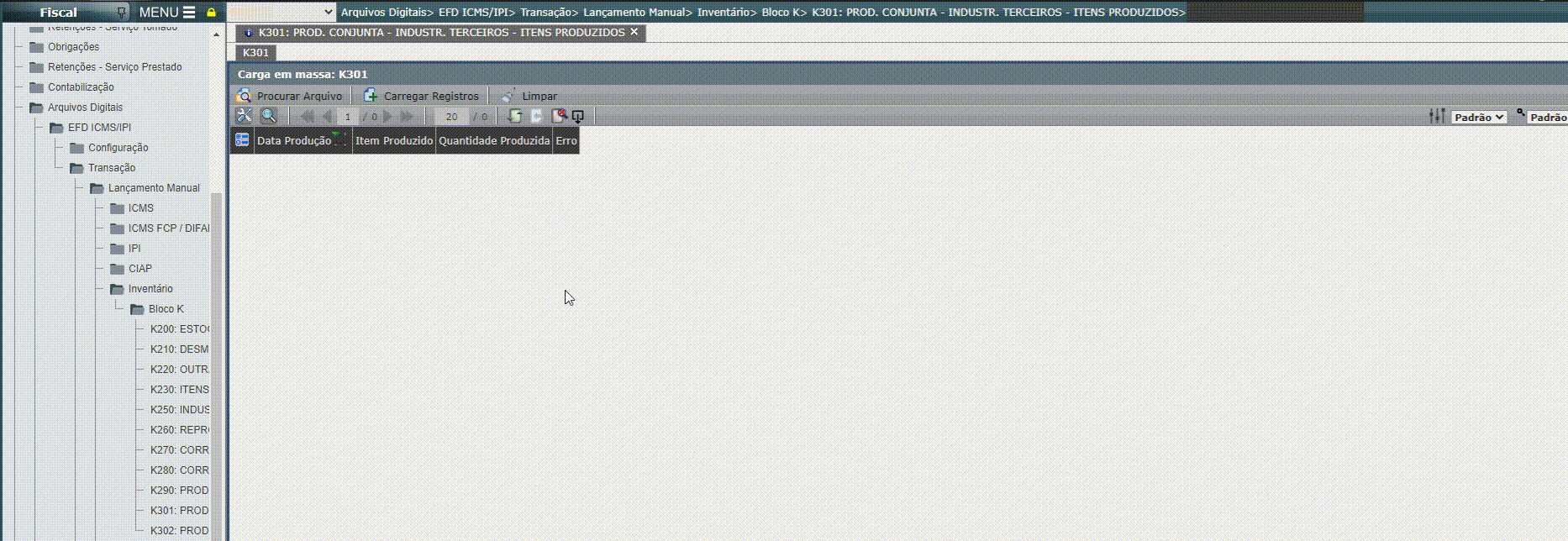 EFD ICMS/IPI - Lançamento do registro K301 em massa