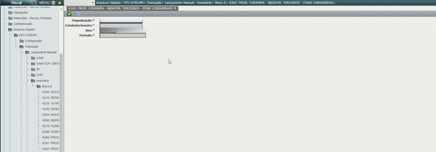 EFD ICMS/IPI - Lançamento do registro K302