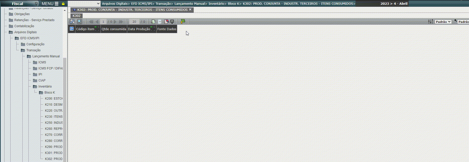 EFD ICMS/IPI - Lançamento do registro K302 em massa