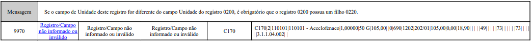 REGISTRO C170: Campo - 6 UNID, Registro/Campo não informado ou inválido com REGISTRO 0200