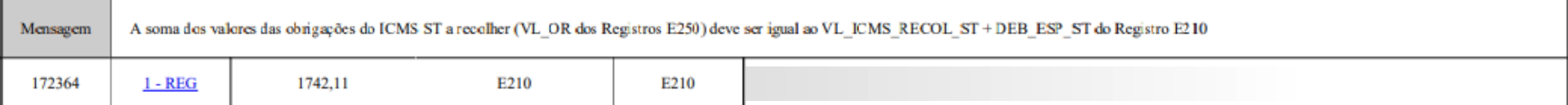 REGISTRO E210/E250: A soma dos valores das obrigações do ICMS ST a recolher (VL_OR dos Registros E250) deve ser igual ao VL_I