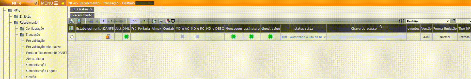 Gestão Recebimento - Painel Manifestação