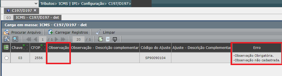 Validação da carga em massa C197/D197