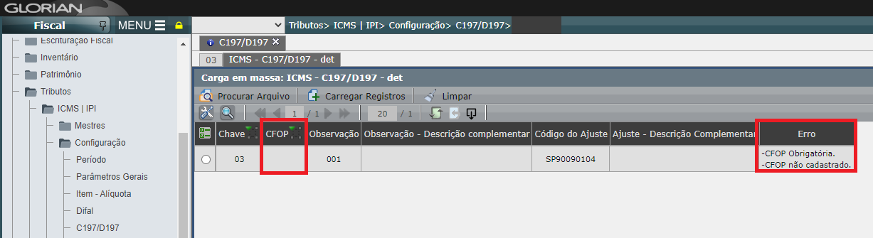 Validação da carga em massa C197/D197