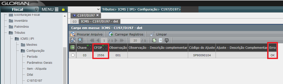 validação da carga em massa C197/D197