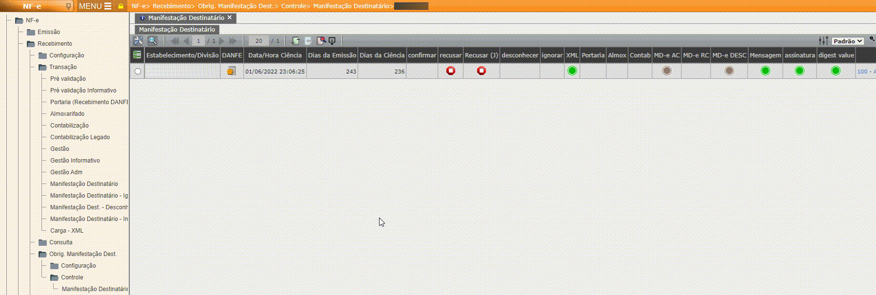 Controle da Manifestação do destinatário - Painel Manifestação
