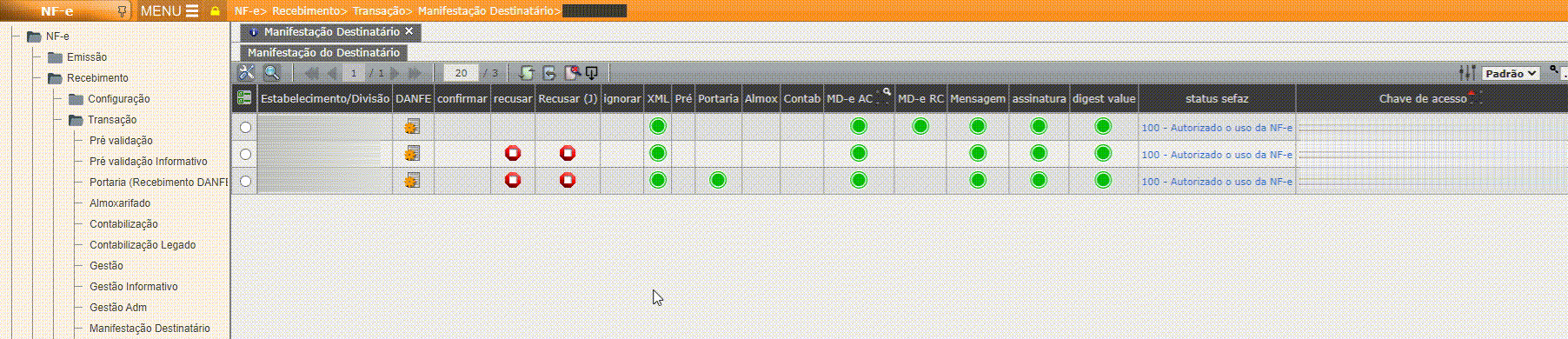 Manifestação do destinatário - Painel Manifestação
