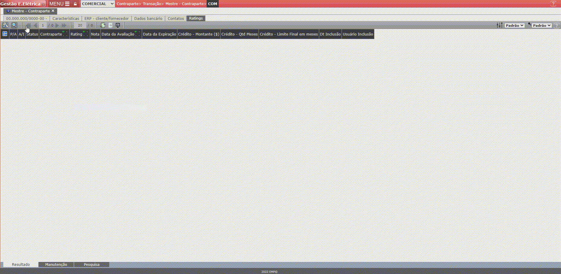 Inclusão de Rating na Contraparte Manualmente