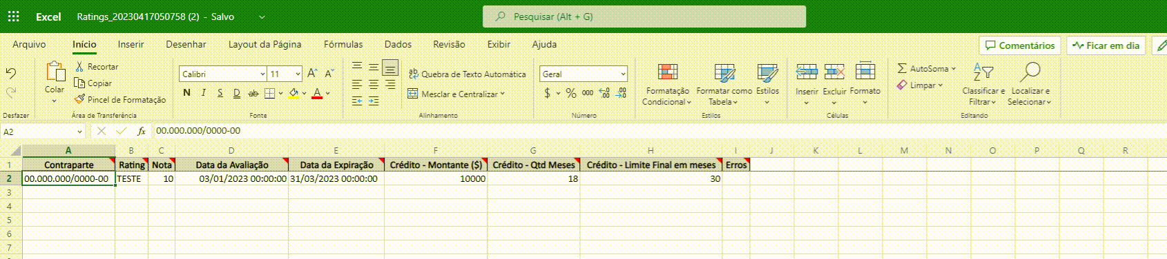 Inclusão de Ratings na Contraparte em Massa
