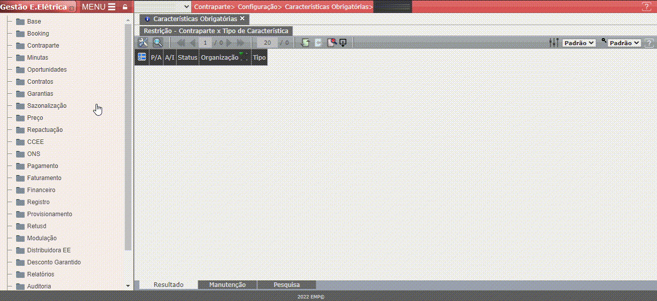 Configuração de Característica Obrigatória - Contraparte