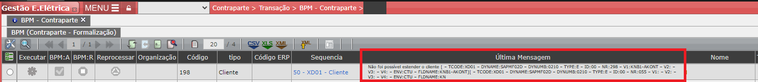 Erro apresentado no campo destacado