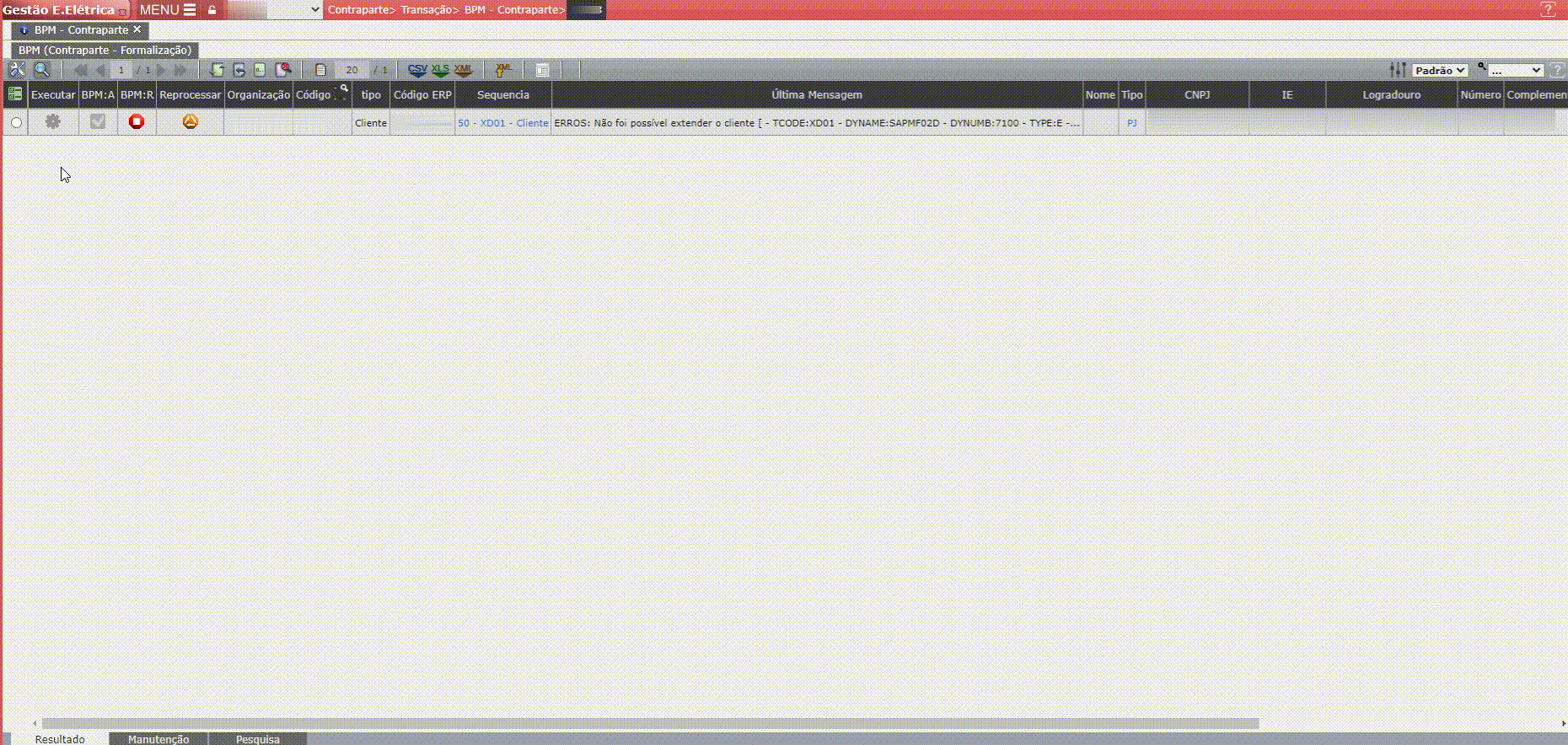 Não foi possível extender o cliente