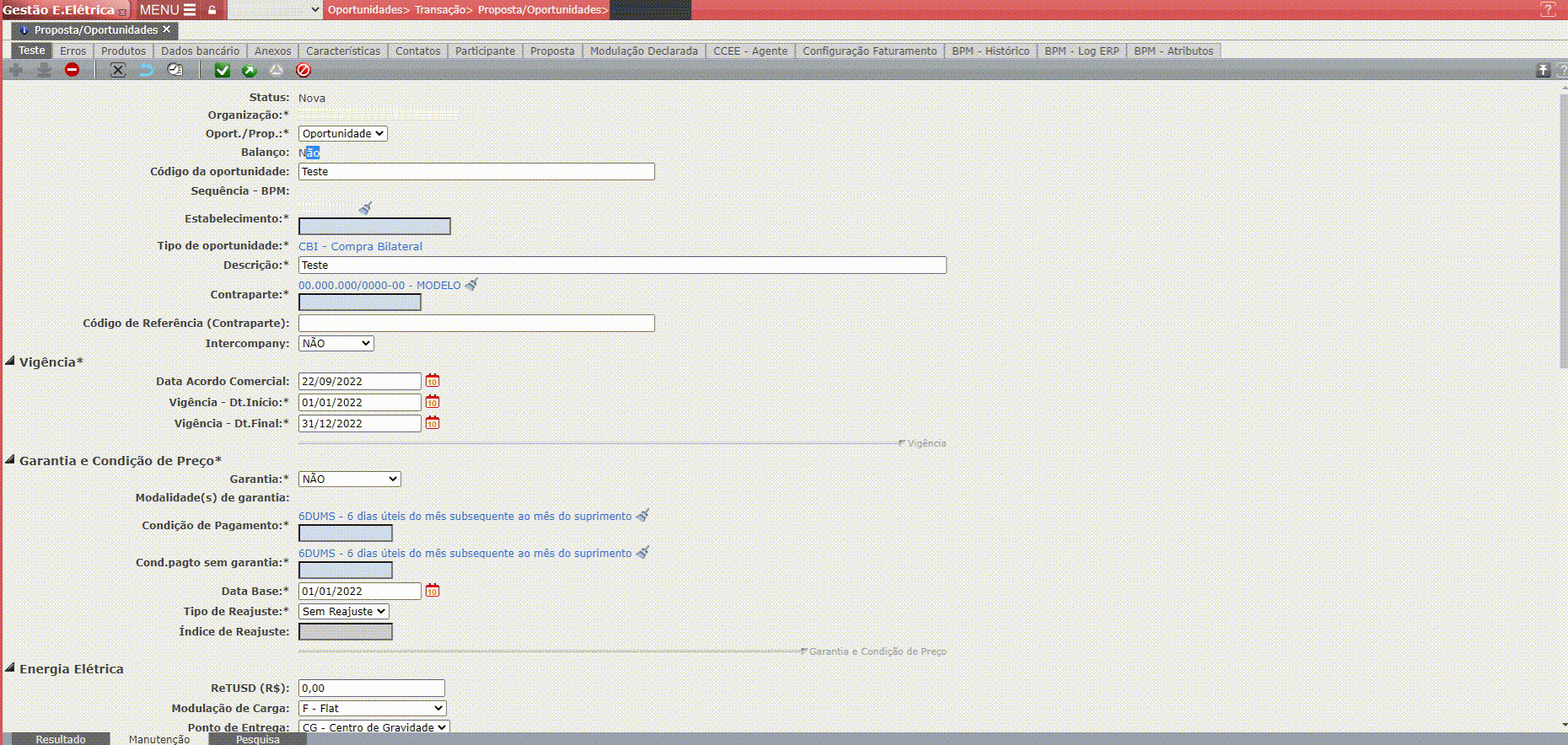 Proposta/Oportunidade - Criação de Produto Manualmente
