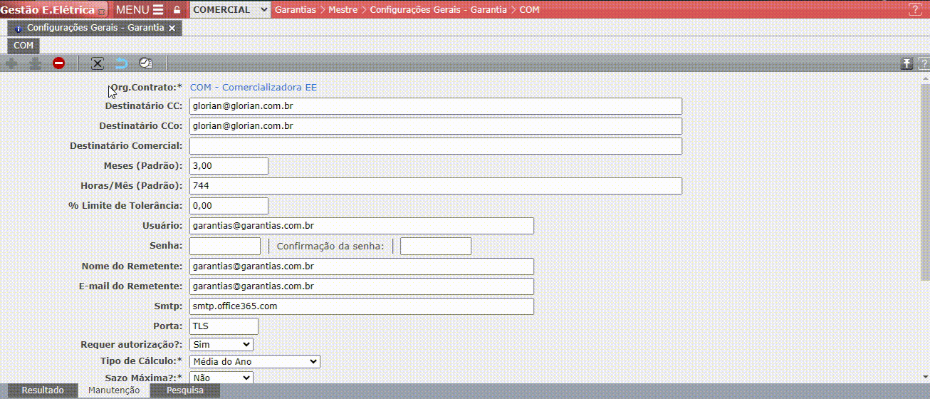Configurações Gerais - Garantia

