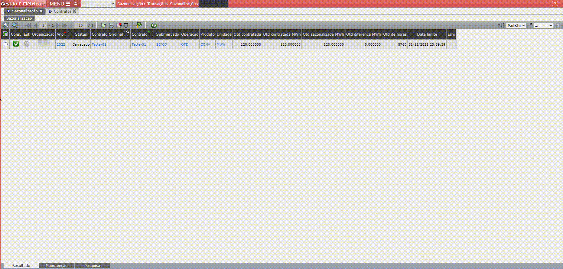 Operação da Sazonalização Gerada Incorretamente