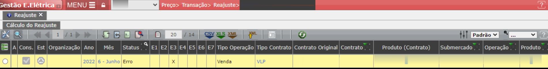 Erro E3 - Índice de Reajuste não preenchido.
