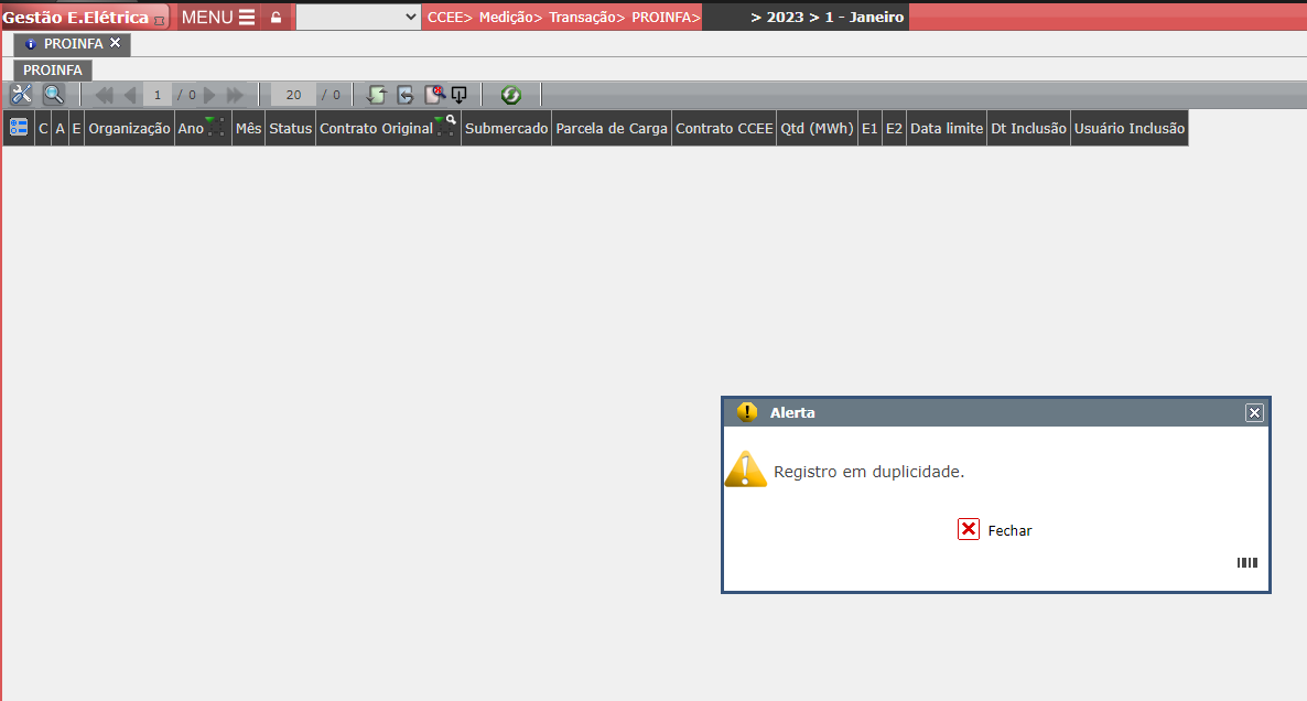 Alerta: Registro em duplicidade
