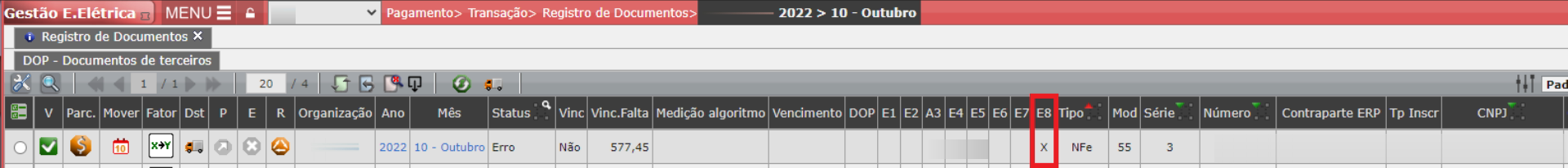 Erro E8: Código contraparte ERP
