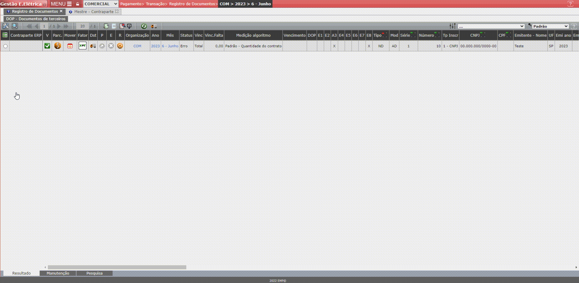 Erro E8: Código contraparte ERP
