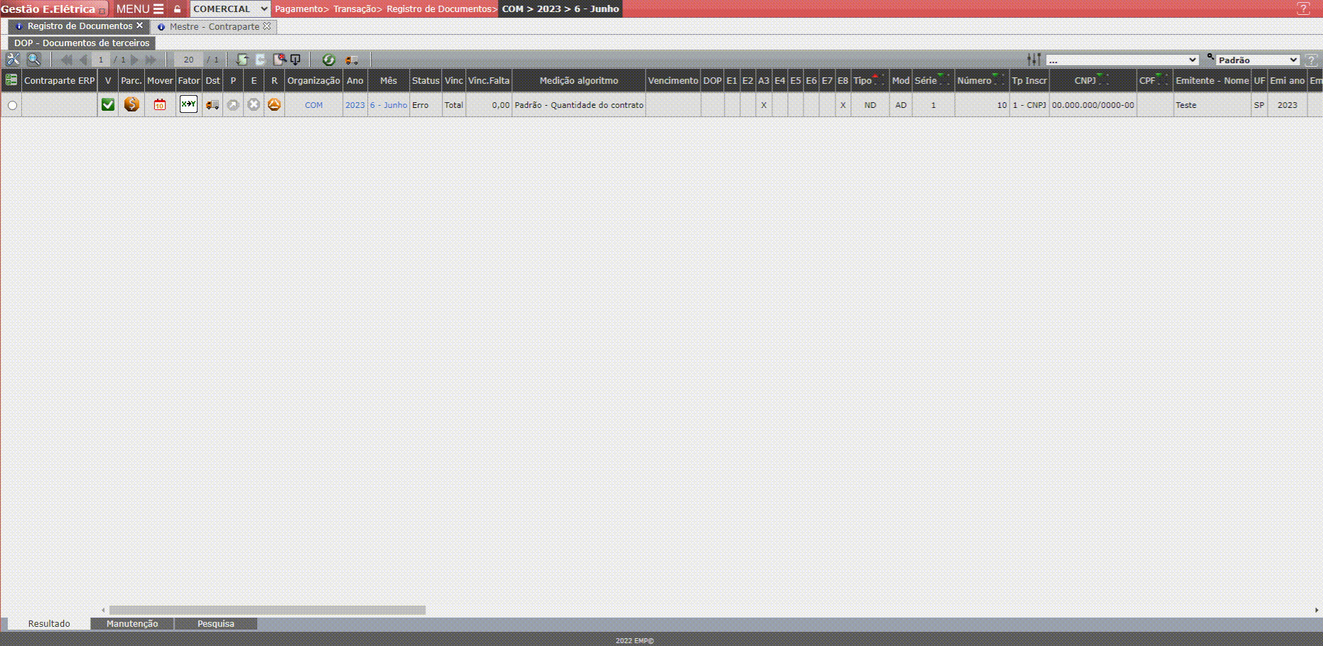 Erro E8: Código contraparte ERP
