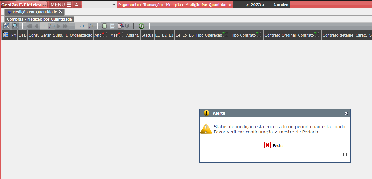 Alerta: Status de medição está encerrado ou período não está criado. Favor verificar configuração > mestre de Período
