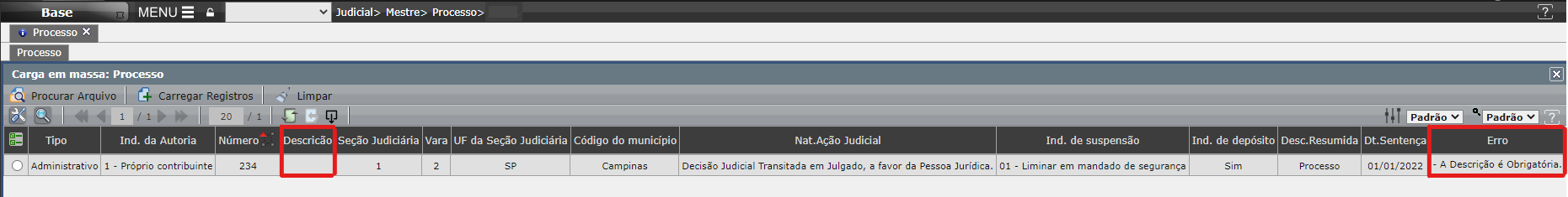 Validação da carga em massa de cadastro do processo judicial5