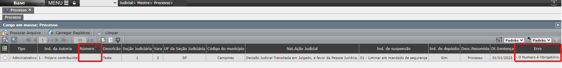 Validação da carga em massa de cadastro do processo judicial
3