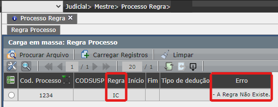 Validação da carga em massa do cadastro do processo regra
5