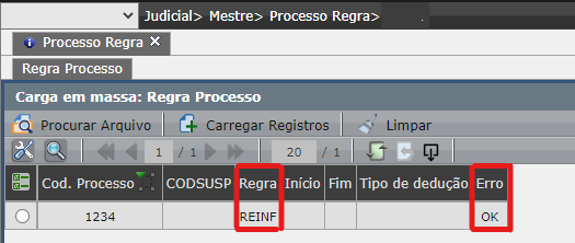Validação da carga em massa do cadastro do processo regra6