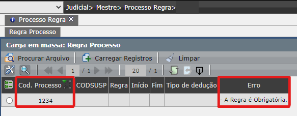 Validação da carga em massa do cadastro do processo regra3