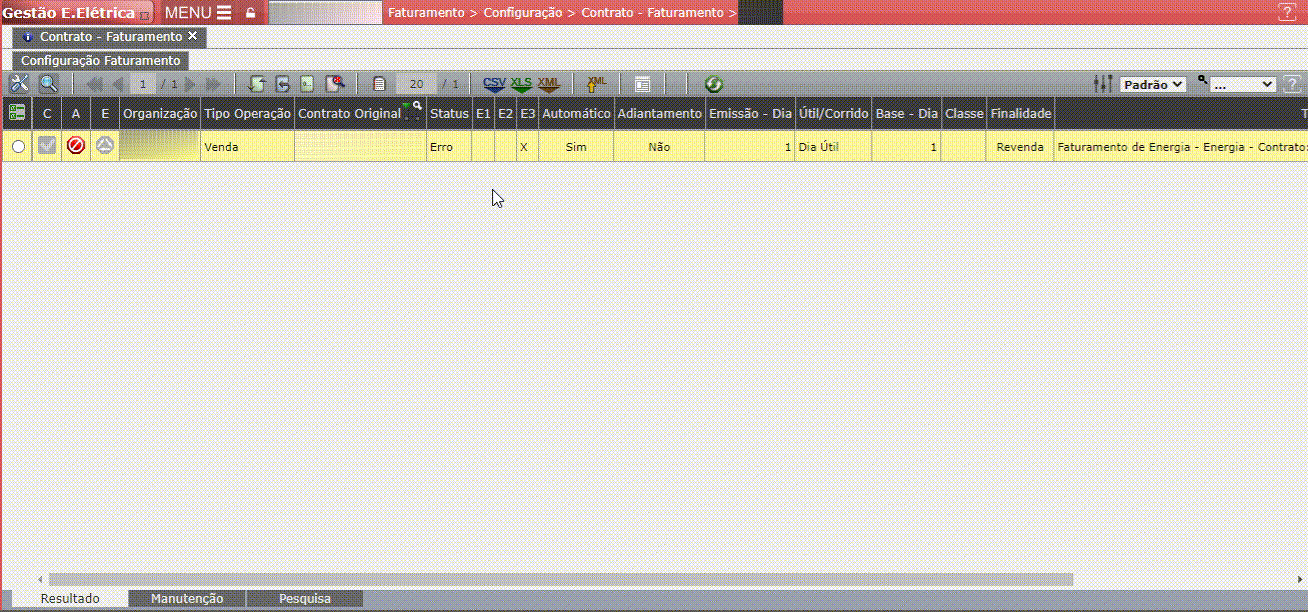 Erro E3: Não informada a classe do contrato
